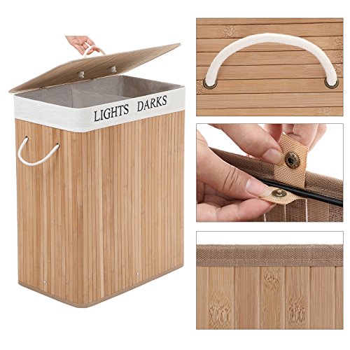 100L (62.5 x 52 x 32 cm) laundry basket bamboo foldable laundry box with 2 compartments laundry basket with removable laundry bag., Bamboo, natural