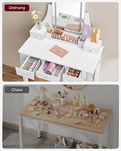 Dressing Table with LED Lighting in 3 Colours, Dressing Table with 360° Rotating Mirror, Cosmetic Table with Padded Stool, 5 Drawers, Removable Makeup Organiser, White