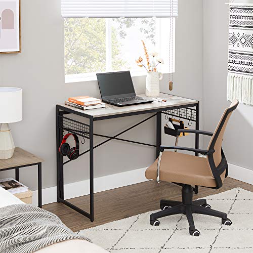 Computer Desk, Folding Writing Desk with 8 Hooks, Study Desktop Workstation, No Tools Required, Industrial, for Home Office, Laptop, and PC, Greige and Black