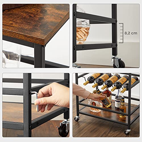 Kitchen Trolley on Wheels with Shelves Glass and Bottle Holders 60 x 40 x 75 cm Industrial Design Vintage Brown/Black