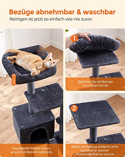 Cat Scratching Post 135 cm Small Cat Tree Multi-Tier Plush Cat Scratching Post with Washable Removable Perch Scratching Post Basket Cave Dark Grey