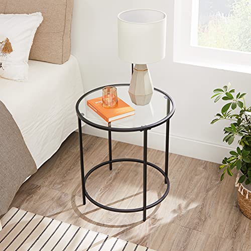 Round Side Table, Small Coffee Table, Tempered Glass End Table with Steel Frame, Bedside Table, Living Room, Balcony, Black