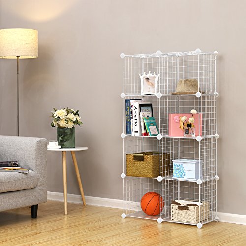 9-Cube Metal Wire Storage Rack, Interlocking Shelving Unit with Metal Wire Shelves, PP Plastic Sheets for Book Shoes Toys Clothes Tools, in Living Room, 93 x 31 x 93 cm, White