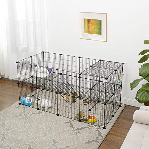 2-Floor Metal Pet Playpen, 36 Grid Panels, Customisable Cage Enclosure for Small Animals, Guinea Pigs Hamster Runs, Rabbit Hutches, Includes Mallet, Indoor Use, 143 x 73 x 71 cm, Black