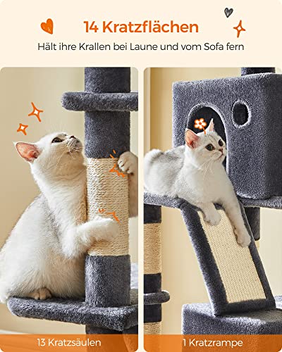 Cat Tree, 206 cm Large Cat Tower with 13 Scratching Posts, 1 Scratching Ramp, 2 Perches, 2 Caves, Basket, Hammock, Pompoms, Multi-Level Plush Cat Condo for Indoor Cats, Smoky Grey