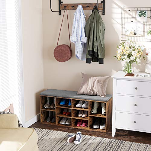 Shoe Bench, Shoe Shelf, Storage Cabinet, 10 Compartments, with Cushion, for Entryway, 104 x 30 x 48 cm, Oak Colour LHS10NL