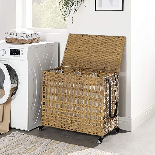 Handwoven Laundry Basket with Lid, Rattan-Style Laundry Hamper with 3 Separate Compartments, Handles, Removable Liner Bags, for Living Room, Bathroom, Laundry Room, Natural