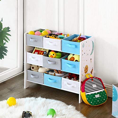 Children's Storage Shelf for Toys and Books, 9 Removable Non-Woven Fabric Boxes with Handles, for Children's Room, Playroom, Daycare, School, 62.5 x 29.5 x 60 cm, Space-Saving, White