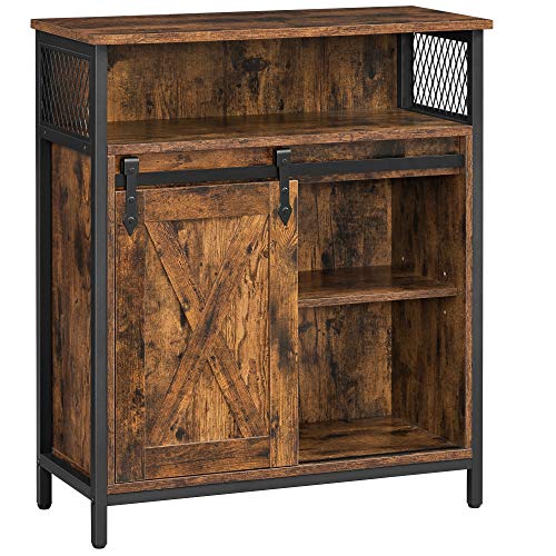 Storage Cabinet, Cupboard with Sliding Barn Door, Open Compartment, Adjustable Shelf, Industrial, for Hallway, Living Room, Kitchen, Study, Rustic Brown and Black