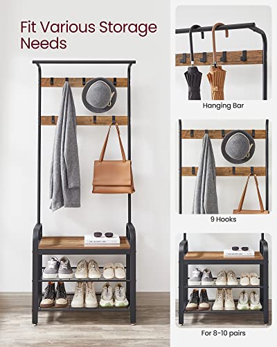 Coat Rack, Coat Stand with Shoe Storage Bench, 4-in-1 Design, with 9 Removable Hooks, a Clothes Rail, for Hallway, Entrance, 33.7 x 77 x 183 cm, Industrial, Rustic Walnut and Black