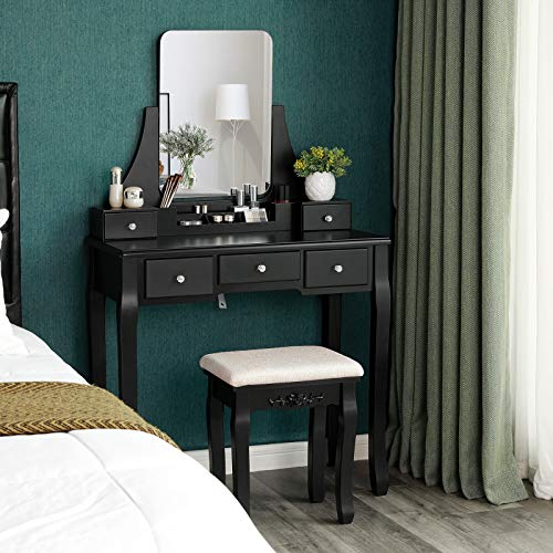 Vanity Set, Dressing Table Set with Large Frameless Mirror for Makeup, 5 Drawers and a Removable Storage Organiser, Cushioned Stool, Black 