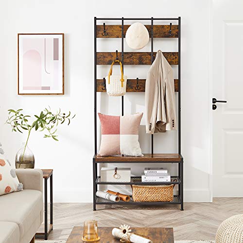 Coat Rack Free Standing, Entryway Organiser, with 8 Dual Hooks and Shoe Bench, 2 Mesh Shelves, for Bedroom, Steel Frame, Industrial, Rustic Brown and Black