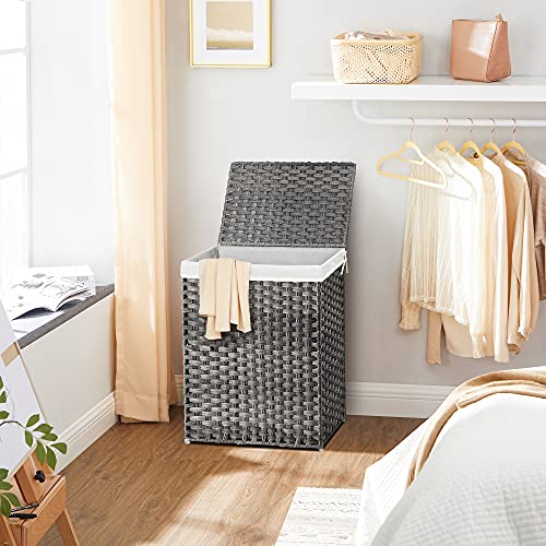 Handwoven Laundry Basket, 90L Synthetic Rattan Clothes Hamper with Lid and Handles, Foldable, Removable Liner Bag, Grey