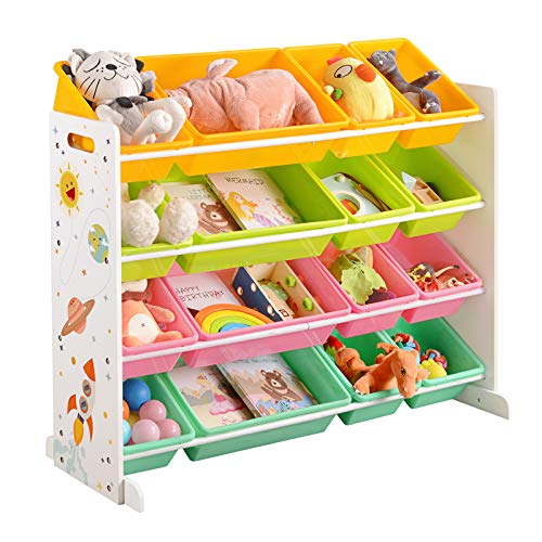 Toy Shelf, Toy Organiser, Nursery Shelf with 16 Removable PP Plastic Boxes, for Nursery, Playroom, School, Yellow, Light Green, Pink and Samar Green