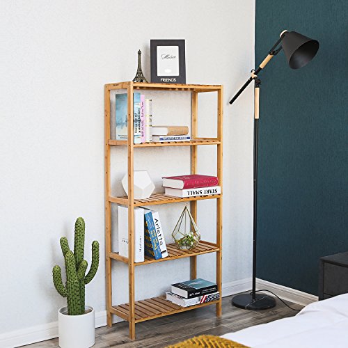 Bathroom Kitchen Storage Bamboo 5 Shelves Adjustable Floor Height Flower Stand Book Shelf natural, 60 x 26 x 130 cm