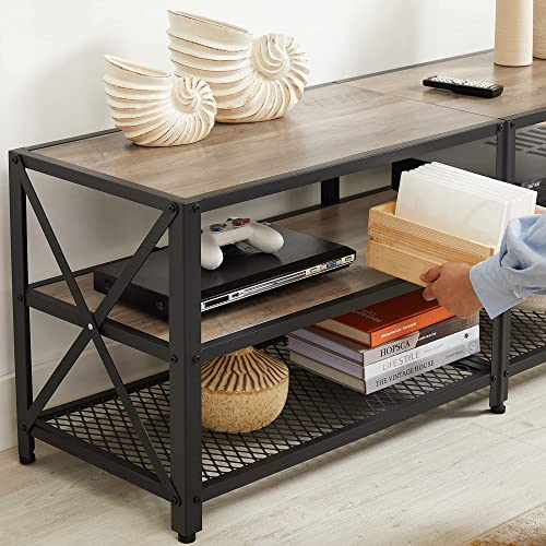 TV Stand, TV Table for TV up to 70 Inches, with Shelves, Steel Frame, Living Room, Bedroom Furniture, Greige and Black