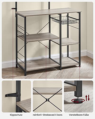 Baker’s Rack with Shelves, Microwave Stand with Wire Basket, 6 S-Hooks, Kitchen Shelf, Utility Storage for Spices, Pots, and Pans, Greige and Black