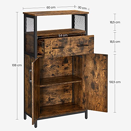 Storage Cabinet, Multipurpose Sideboard with Drawer and Adjustable Shelf, Bathroom Cabinet, Steel Frame, for Living Room Kitchen, Industrial Style, Rustic Brown and Black