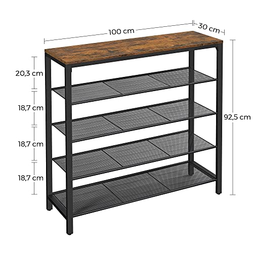 Shoe Rack, Shoe Storage Organiser with 4 Mesh Shelves and Large Surface for Bags, Shoe Shelf for Entryway, Hallway, Closet, Steel Frame, Industrial, Rustic Brown and Black