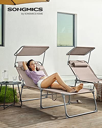 Lounger, Sunbed, Large Reclining Sun Chair, 71 x 200 x 38 cm, Load Capacity 150 kg, with Headrest, Reclining Backrest, Sunshade, Foldable, for Garden, Taupe Colour