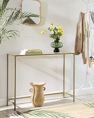 Console Table, Tempered Glass Table, Modern Sofa or Entryway Table, Metal Frame, Sturdy, Adjustable Feet, for Living Room, Hallway, Golden