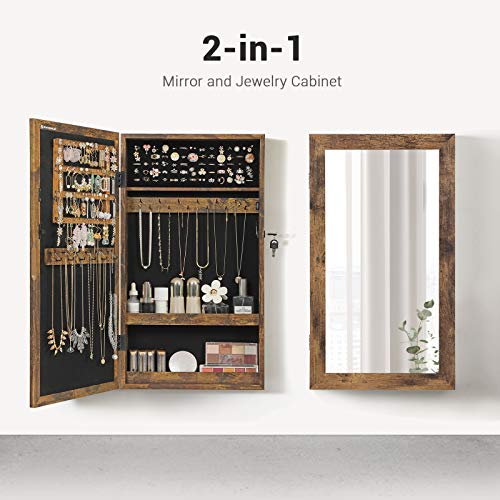 Wall-Mounted Jewellery Cabinet, Lockable Jewellery Armoire with Mirror, Space-Saving Jewellery Organiser, Rustic Brown