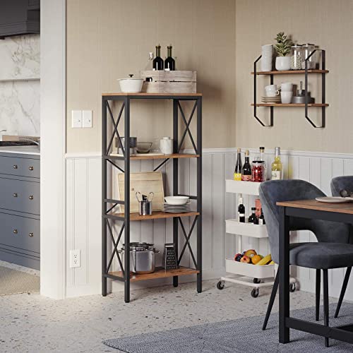 Bookshelf, Kitchen Shelf, Free Standing Shelf, Ladder Rack with 4 Open Shelves, for Corridor, Kitchen, Office, Stable Steel Frame, Industrial Style, Rustic Brown and Black