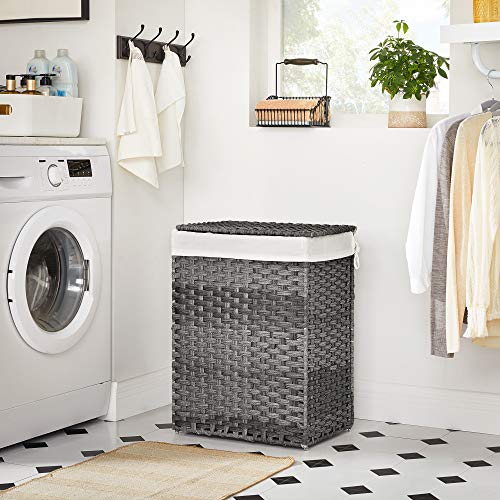 Handwoven Laundry Basket, 90L Synthetic Rattan Clothes Hamper with Lid and Handles, Foldable, Removable Liner Bag, Grey