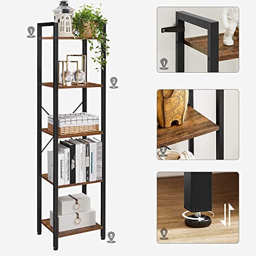 Bookcase, Bookshelf 5 Tier, Standing Display Storage Rack with Steel Frame, for Living Room, Office, Study, Hallway, Industrial Style, Rustic Brown and Black