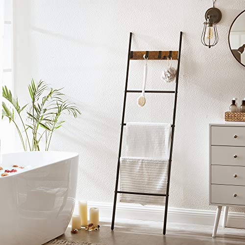 Towel Ladder Shelf with 5 Levels 44 x 160 cm Space Saving Metal Frame 4 Hooks Industrial Style Vintage Brown/Black