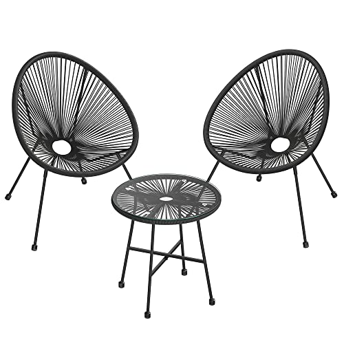 Garden Patio Furniture Set 3 Pieces, Acapulco Chair, Outdoor Seating, Glass Top Table and 2 Chairs, Indoor and Outdoor Conversation Set, Black