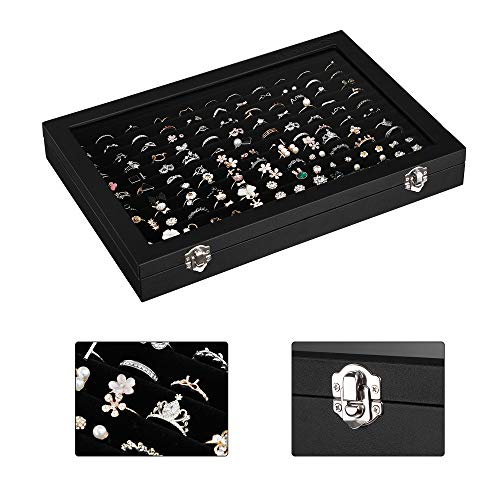 Jewellery Box with Glass Lid, for Rings, Earrings, Cufflinks, Ring Storage Box Holds up to 100 Rings, Display Case, Black