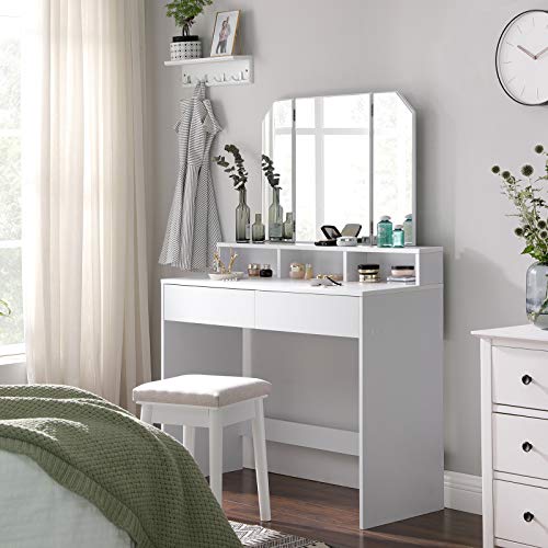 Dressing Table with Tri-Fold Mirror, Makeup Table with 2 Drawers and 3 Open Compartments, Vanity Table, Modern Style, White