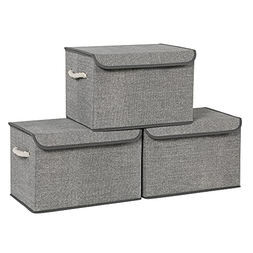 Storage Boxes with Lid, Set of 3 Fabric Storage Boxes and Organiser Bins with Cotton Handles, Linen Pattern, Grey