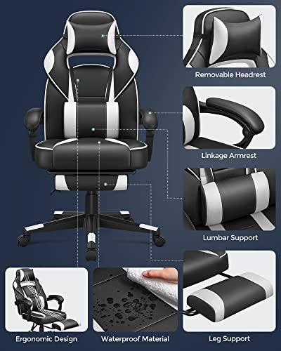 Racing Gaming Chair, Adjustable Office Chair with Footrest, Ergonomic Design, Tilt Mechanism, Headrest, Lumbar Support, 150 kg Weight Capacity, Black and White