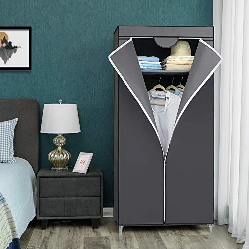 Fabric Wardrobe, Foldable Closet with Hanging Rail, Single Clothes Rack, Storage Organiser for Bags, Toys, Shoes, Living Room, Bedroom, Cloakroom, 75 x 45 x 160 cm, Grey