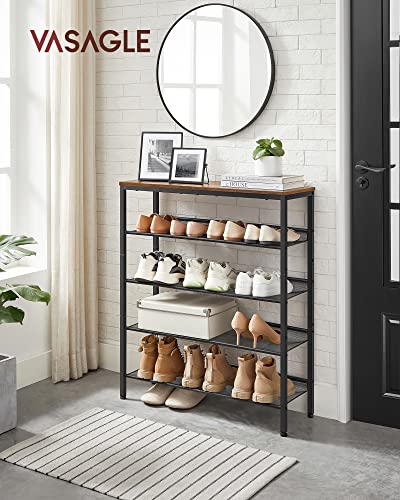 5-Tier Shoe Rack, Tall Shoe Storage with 4 Mesh Shelves and Large Top for Bags, Space-Saving for Entryway, Hallway, Steel, Industrial, Rustic Brown and Black