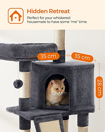 Cat Tree, Cat Condo 115 cm, Scratching Ramp, Smoky Grey