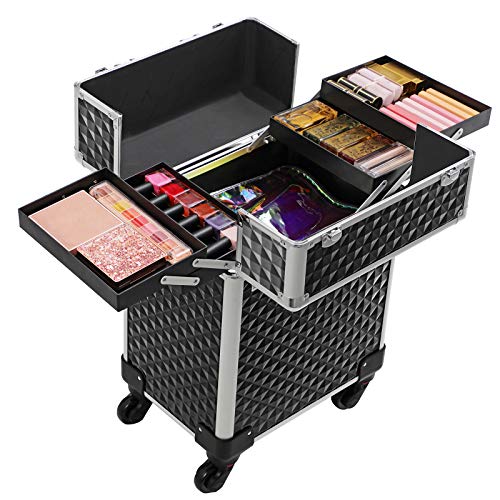 Cosmetic Case, Trolley, Makeup Case with Handle, 4 Universal Wheels, 4 Extendable Trays, Makeup Bag, for Travelling, Black