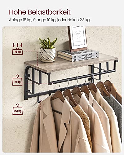 Coat Rack Wall-Mounted, Coat Hook with 5 Hooks and Hanging Rail, for Entryway, Hallway, Bedroom, Bathroom, Living Room, Greige and Black