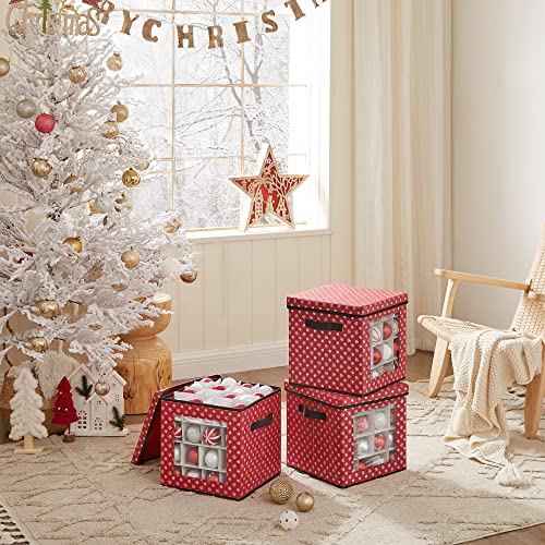 Christmas Bauble Storage Boxes, Set of 3 Storage Cube Bins for Christmas Decorations, 64 Box Places, Modular Dividers, 30.5 x 30.5 x 30.5 cm, Red