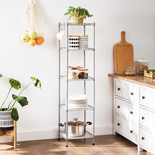 Bathroom Shelf, Metal Storage Rack, Total Load Capacity 100 kg, with 5 PP Sheets, Removable Hooks, 30 x 30 x 123.5 cm, Expandable Design, for Small Space, Silver and Translucent