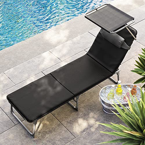 Sun Lounger with 3 cm Thick Cushion, Headrest, Sun Canopy, Adjustable Backrest, Foldable, 53 x 193 x 29.5 cm, Maximum Load 150 kg, Garden, Balcony, Black