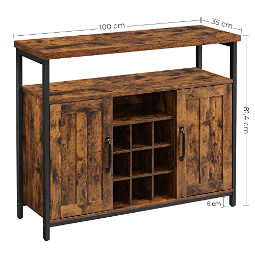 Storage Cabinet, Sideboard and Buffet Table with Wine Holder, 2-Door Cupboard for Dining Room, Living Room, Kitchen, 100 x 35 x 81.4 cm, Industrial, Rustic Brown and Black