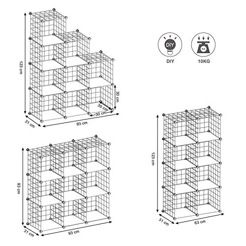 9-Cube Metal Wire Storage Rack, Interlocking Shelving Unit with Metal Wire Shelves, PP Plastic Sheets for Book Shoes Toys Clothes Tools, in Living Room, 93 x 31 x 93 cm, White