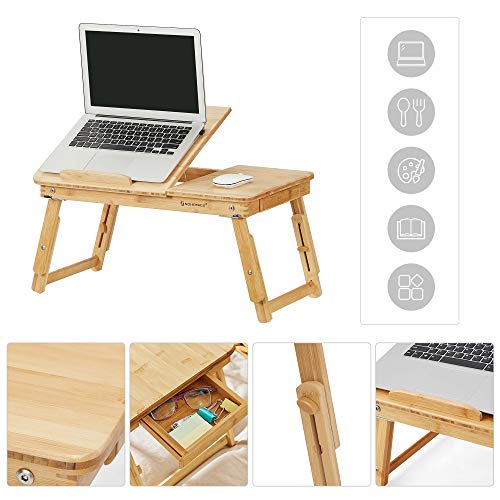 Bamboo Lap Desk, Laptop Table, Breakfast Tray with 5 Adjustable Tilting Angles, Small Drawer, Natural