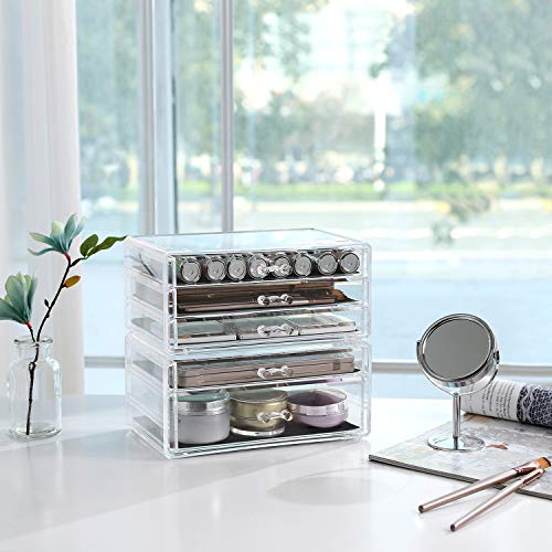 Makeup Organiser, 2-Piece Storage Boxes for Jewellery and Cosmetics, Stackable, with 5 Drawers, Transparent Polystyrene