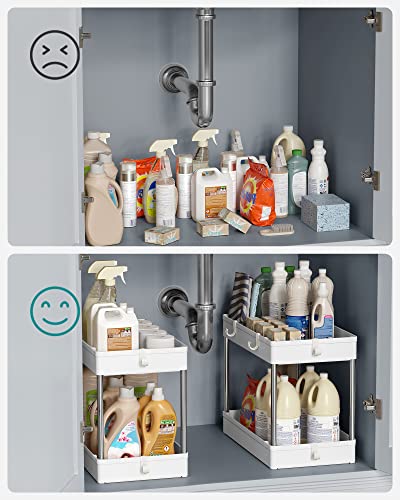 Under Sink Organizer, Under Bathroom Sink Storage 2 Tier Organizer Bath Collection Baskets with Hooks，White