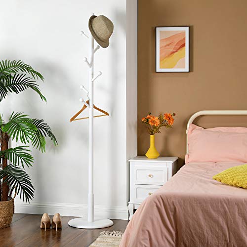 Coat Rack Free Standing Coat Tree with 7 Rounded Hooks, Wood Hall Tree, Entryway Coat Stand for Clothes, Hats, Purses, in the Entryway, Living Room, White