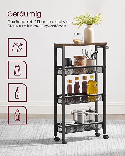 Trolley 4 Levels Kitchen Trolley Narrow Recess Shelf Kitchen Shelf on Wheels Steel Frame Handle for Small Spaces Kitchen Bathroom Living Room Study Vintage Brown Black